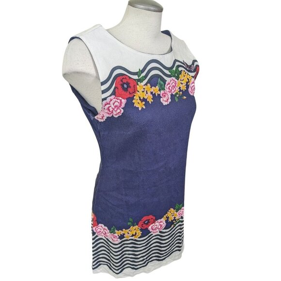 Desigual Prudencia Sheath Dress US 10 Linen Blend Sleeveless Navy Floral Waves - Picture 7 of 12